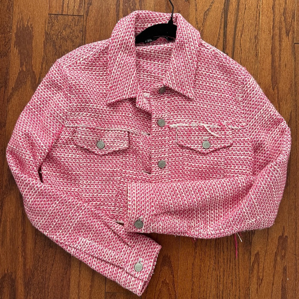 Zara Pink Crochet Cropped Jacket